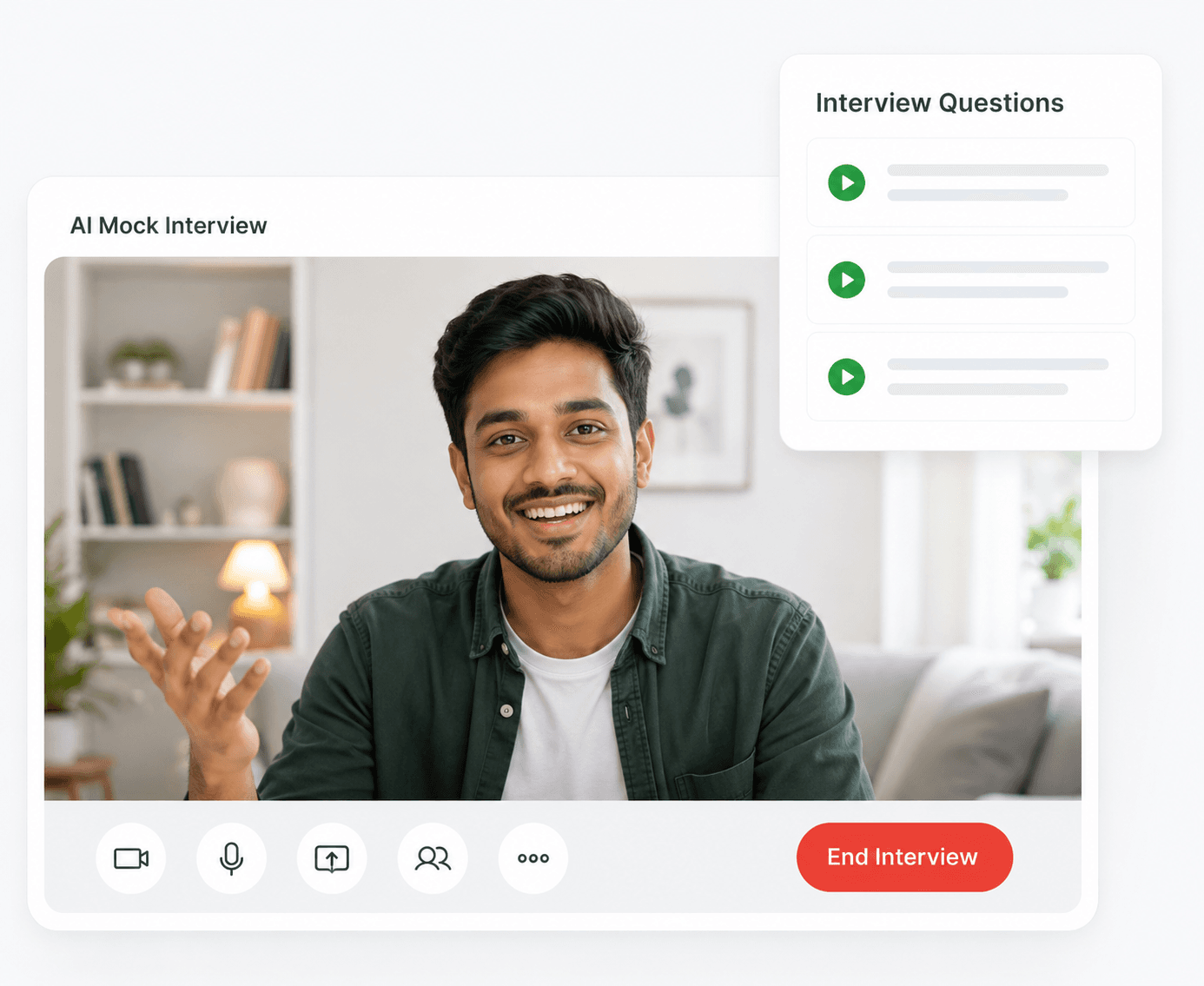 AI mock interview interface showing a candidate on video with live interview questions
