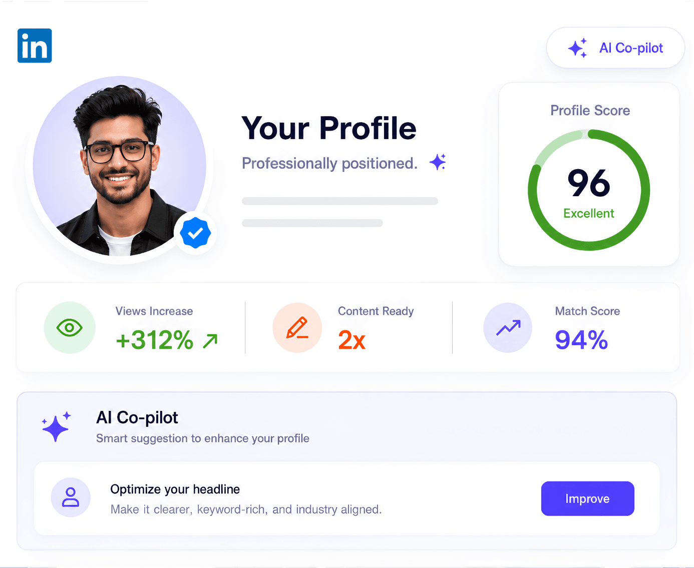 RQ-Nova brand builder interface showing a LinkedIn profile audit and content plan
